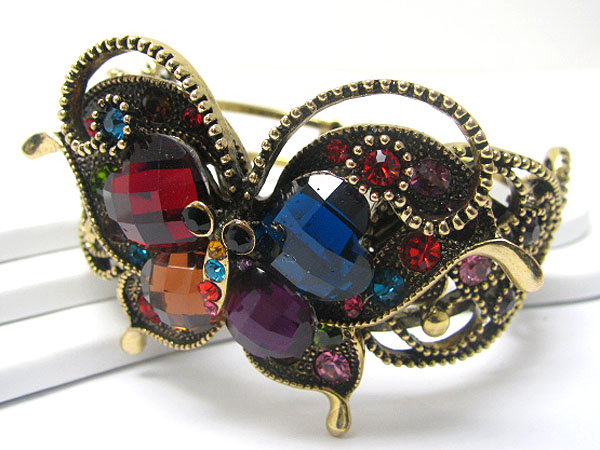 Crystal and facet glass deco butterfly accent metal hinge bangle