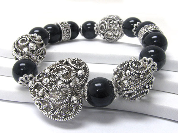 Filigree metal mixed heart and ball link stretch bracelet