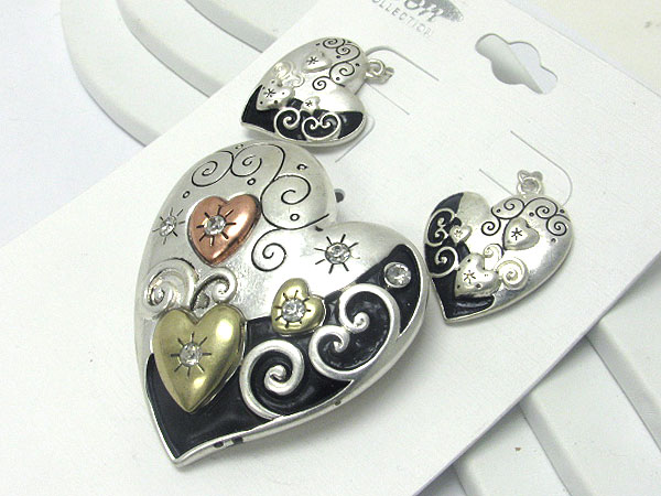 Crystal stud tri tone metal art heart pendant and earring set