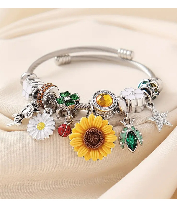 Garden theme stainless steel multi charm bangle bracelet - sunflower