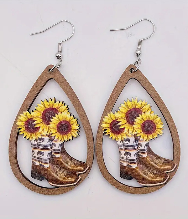 Sunflower and boot teardrop wood earring