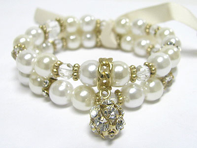 Crystal ball dangle double row pearl stretch bracelet