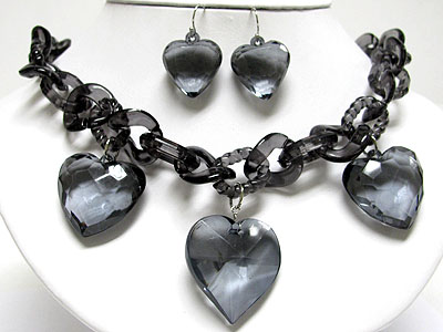 Color rock crystal look triple lucite heart and chain necklace and earring set