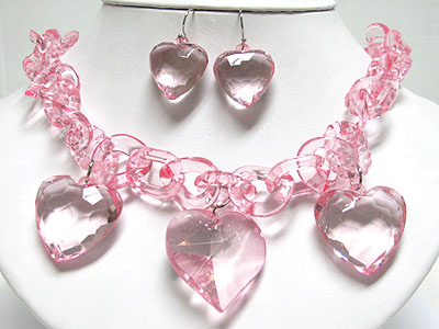 Color rock crystal look triple lucite heart and chain necklace and earring set 