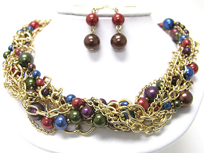 Multi line metal chain and colored metal ball necklace set