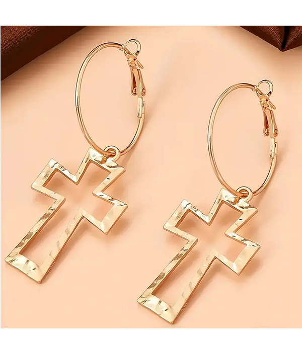 Hammered metal cross earring