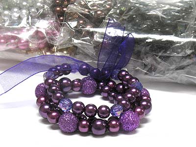 Dozen triple line multi beads elastic bracelet with ribbon mens jewelry