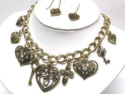 Crystal stud multi shape and size heart and key and cross charm necklace and earring set