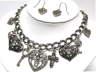 Crystal stud multi shape and size heart and key and cross charm necklace and earring set