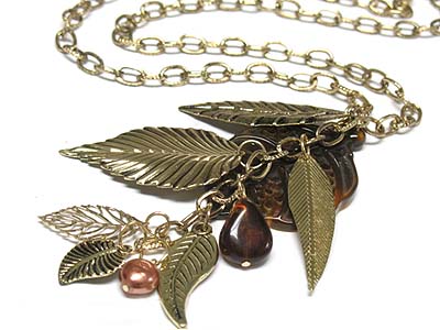 Multi size metal leaves long charm necklace