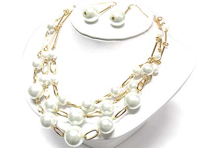 Gradation size pearl beads 3 line necklace and earring set