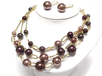 Gradation size pearl beads 3 line necklace and earring set