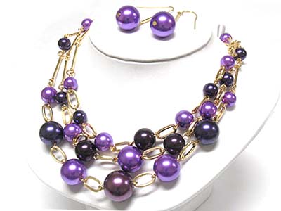 Gradation size pearl beads 3 line necklace and earring set