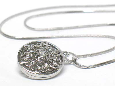 Crystal inside round solid metal filigree pendant necklace