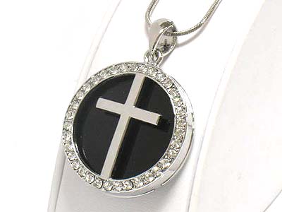 Made in korea whitegold plating crystal double side deco cross pattern onyx round necklace