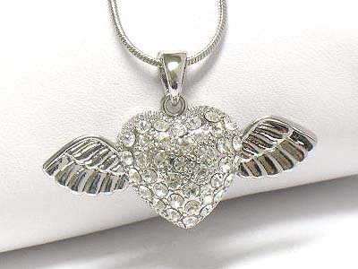 Made in korea whitegold plating crystal stud heart and angel wing necklace