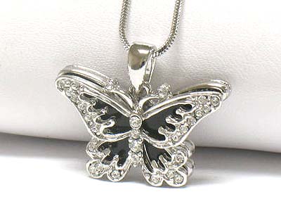 Made in korea whitegold plating crystal stud onyx inside butterfly pendant necklace