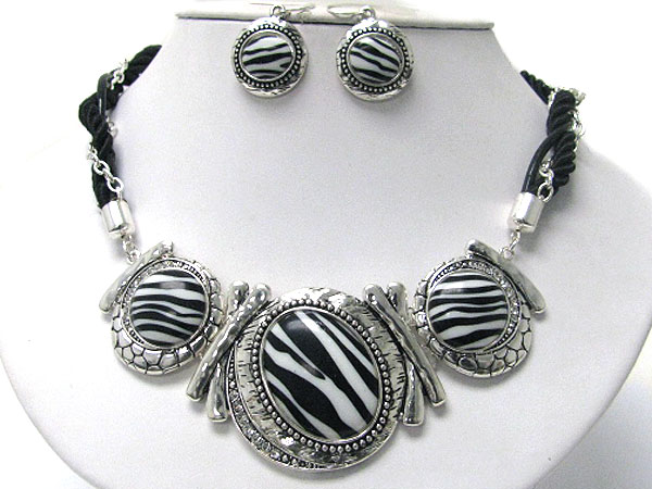 Three crystal deco zebra stone pendant and multi cord necklace earring set