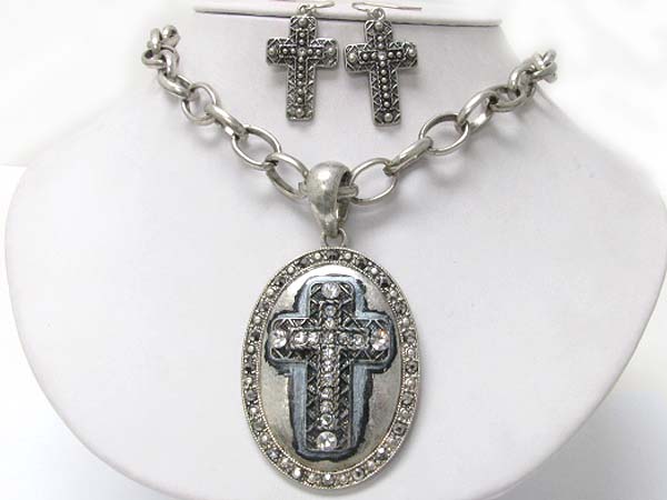 Crystal stud cross metal and patina oval pendant neckalce earring set