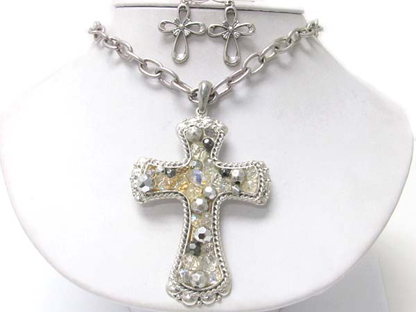 Mixed beads deco cross pendant neckalce earring set