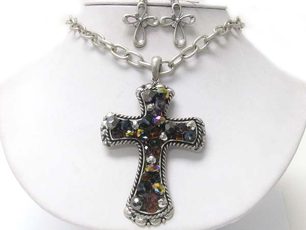 Mixed beads deco cross pendant neckalce earring set