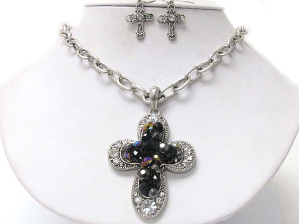 Crystal and mixed beads deco cross pendant neckalce earring set