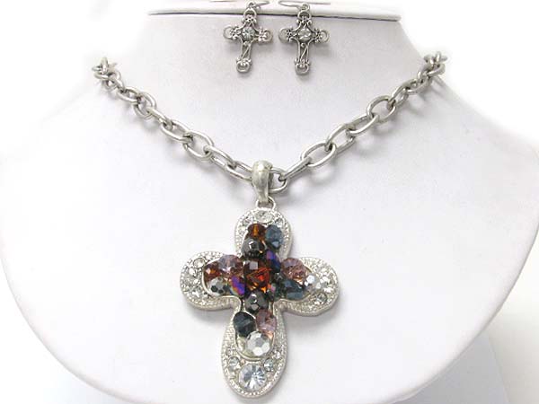 Crystal and mixed beads deco cross pendant neckalce earring set