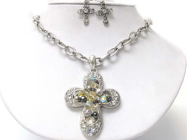 Crystal and mixed beads deco cross pendant neckalce earring set