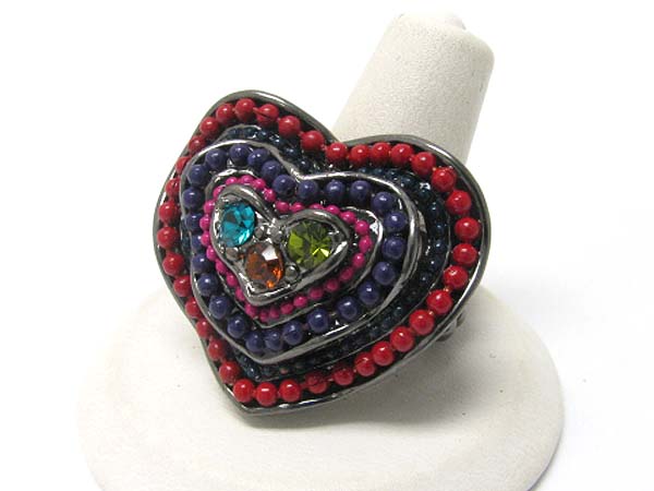 Crystal and seed beads deco heart stretch ring