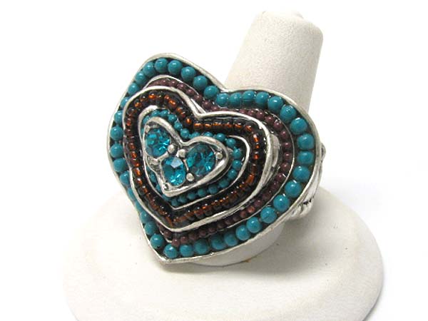 Crystal and seed beads deco heart stretch ring