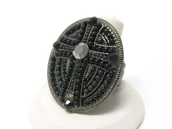 Crystal and seed beads deco oval stretch ring