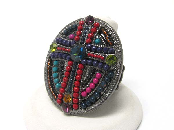 Crystal and seed beads deco oval stretch ring