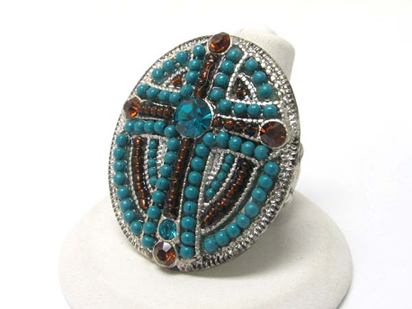 Crystal and seed beads deco oval stretch ring