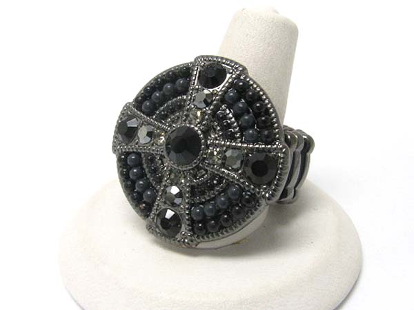 Crystal and seed beads deco round stretch ring