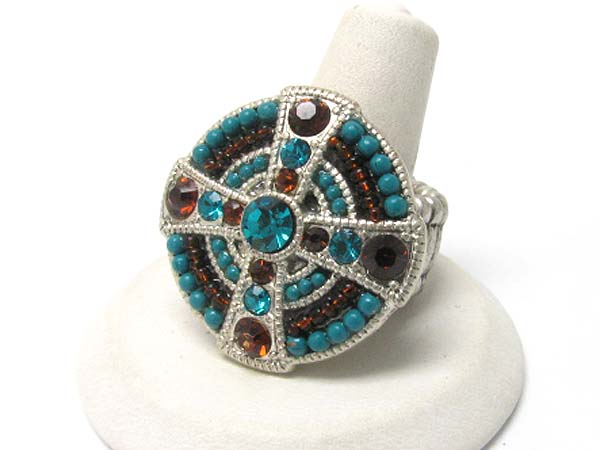 Crystal and seed beads deco round stretch ring