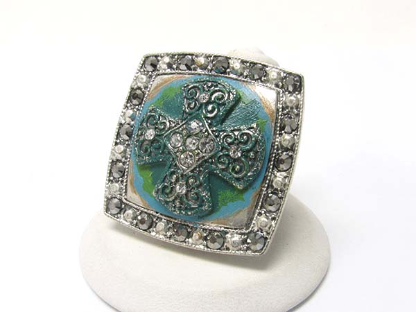 Crystal stud patina  metal shield stretch ring