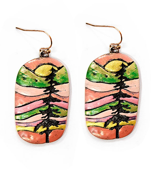 Tree sun and mountain landscape earring