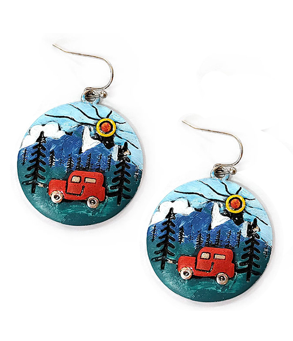 Tree sun truck and mountain landscape earring