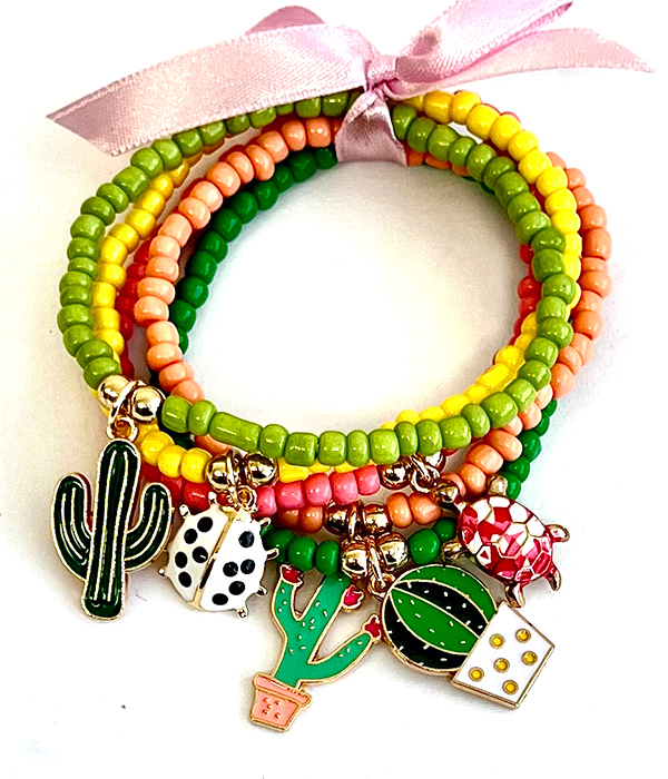 Multi charm and seed bead stackablestretch  bracelet - cactus turtles