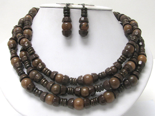 Eco friendly three row multi wood bead necklace earring set