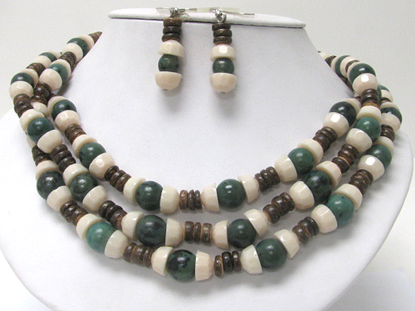 Eco friendly three row multi wood bead necklace earring set