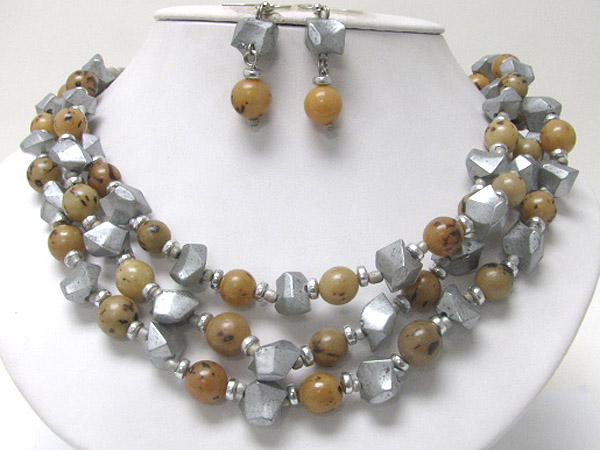 Three row resin and natural bead necklace earring set