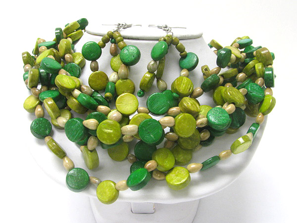 Eco friendly multi row wooden bead necklace and earring set