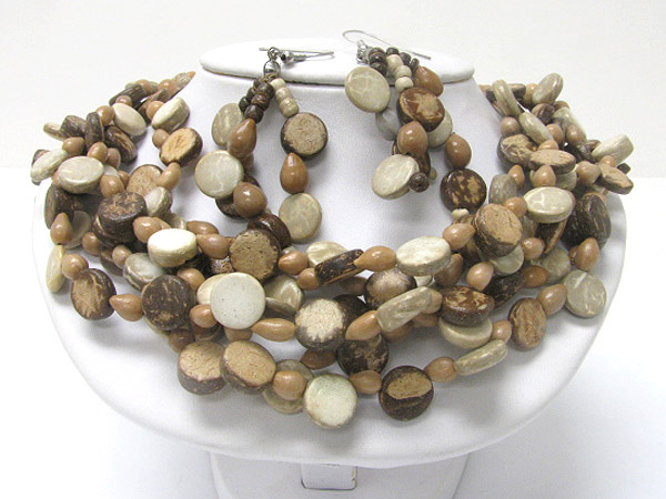 Eco friendly multi row wooden bead necklace and earring set