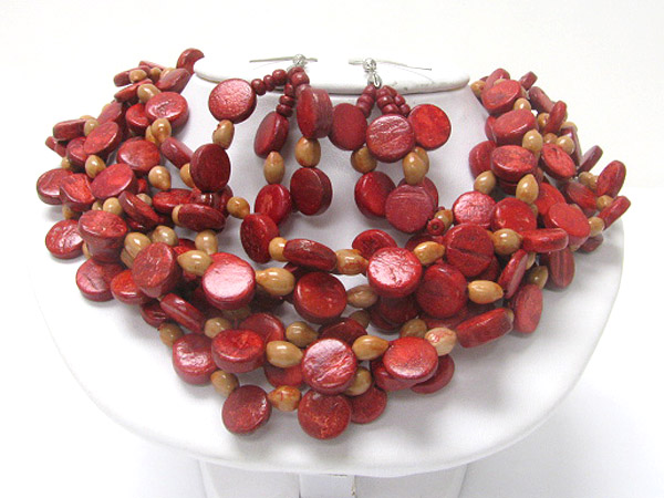 Eco friendly multi row wooden bead necklace and earring set