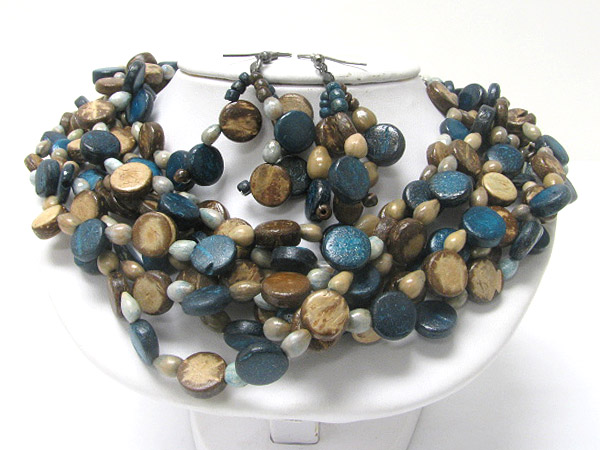 Eco friendly multi row wooden bead necklace and earring set