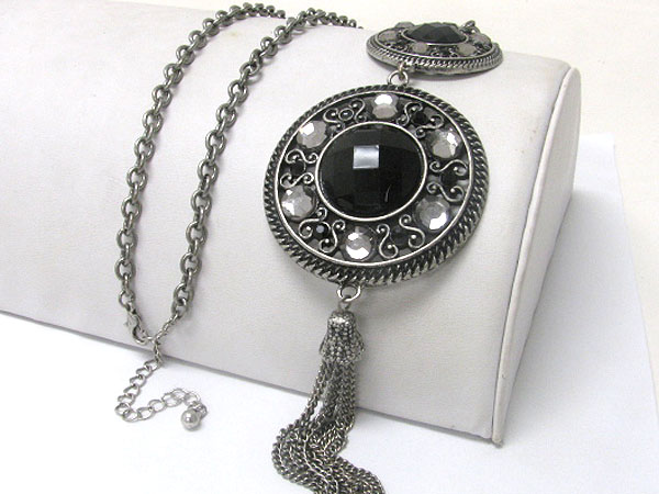 Crystal deco metal disk drop necklace