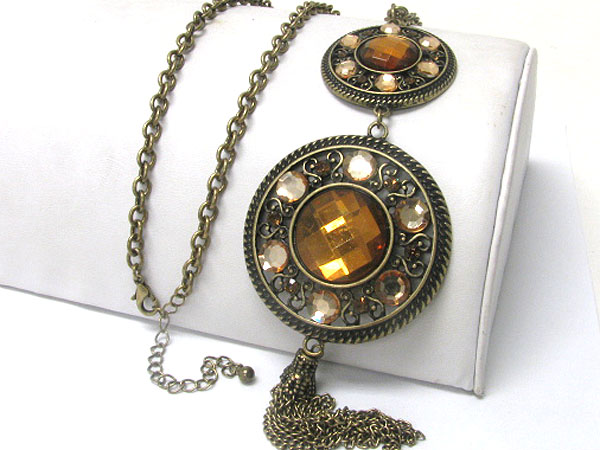 Crystal deco metal disk drop necklace