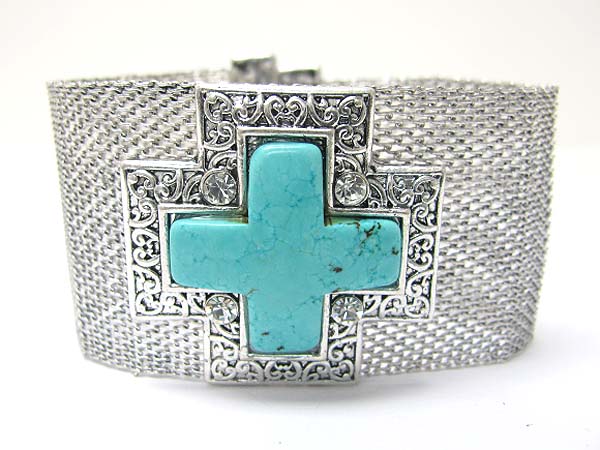 Carved turquoise stone and metal filigree cross top mesh bracelet