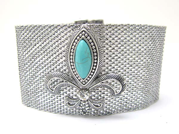 Carved turquoise stone and metal filigree fleur de lis top mesh bracelet  